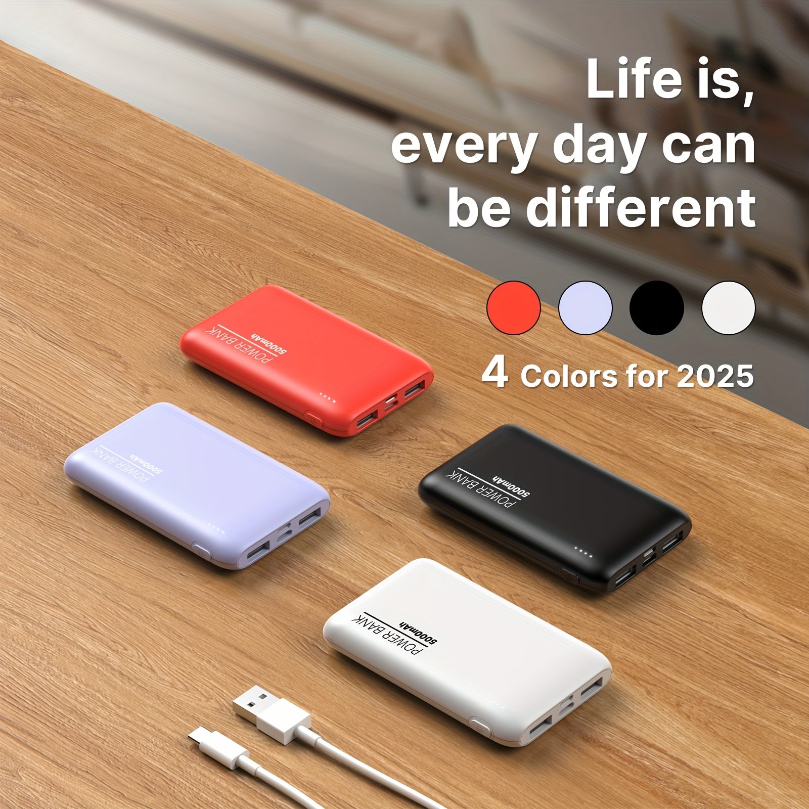 5000mAh Ultra-Thin Power Bank, Portable Charger with Dual USB Outputs & Type-C Cable, 5V2A Charging Backup for iPhone And for Samsung Android Phone, Outdoor Travel Emergency, Holiday Gifts (Lightweight & Compact)