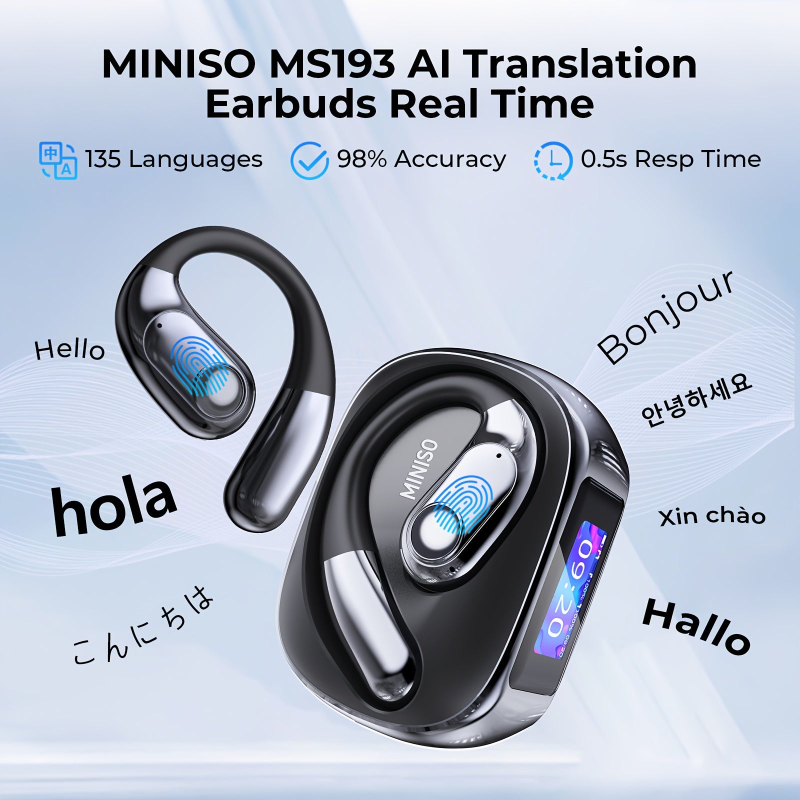 MINISO MS193 Trendy Two-Color Open Wireless Sports Earbuds, AI Language Translation Technology + Call Noise Reduction Function, High-Quality HIFI Sound Effect, Dual Host Design, Type-C Flash Charge, Lightweight And Comfortable to Wear