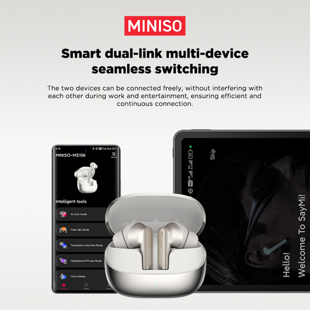 MINISO MS106 Multilingual Smart Translation Earbuds Support 134 Languages for Face-to-face Real-time Translation. Adaptive Noise Cancellation 3.0 Creates a New World of Silence, with 55 Hours of Powerful Battery Life and 10-minute Ultra-fast
