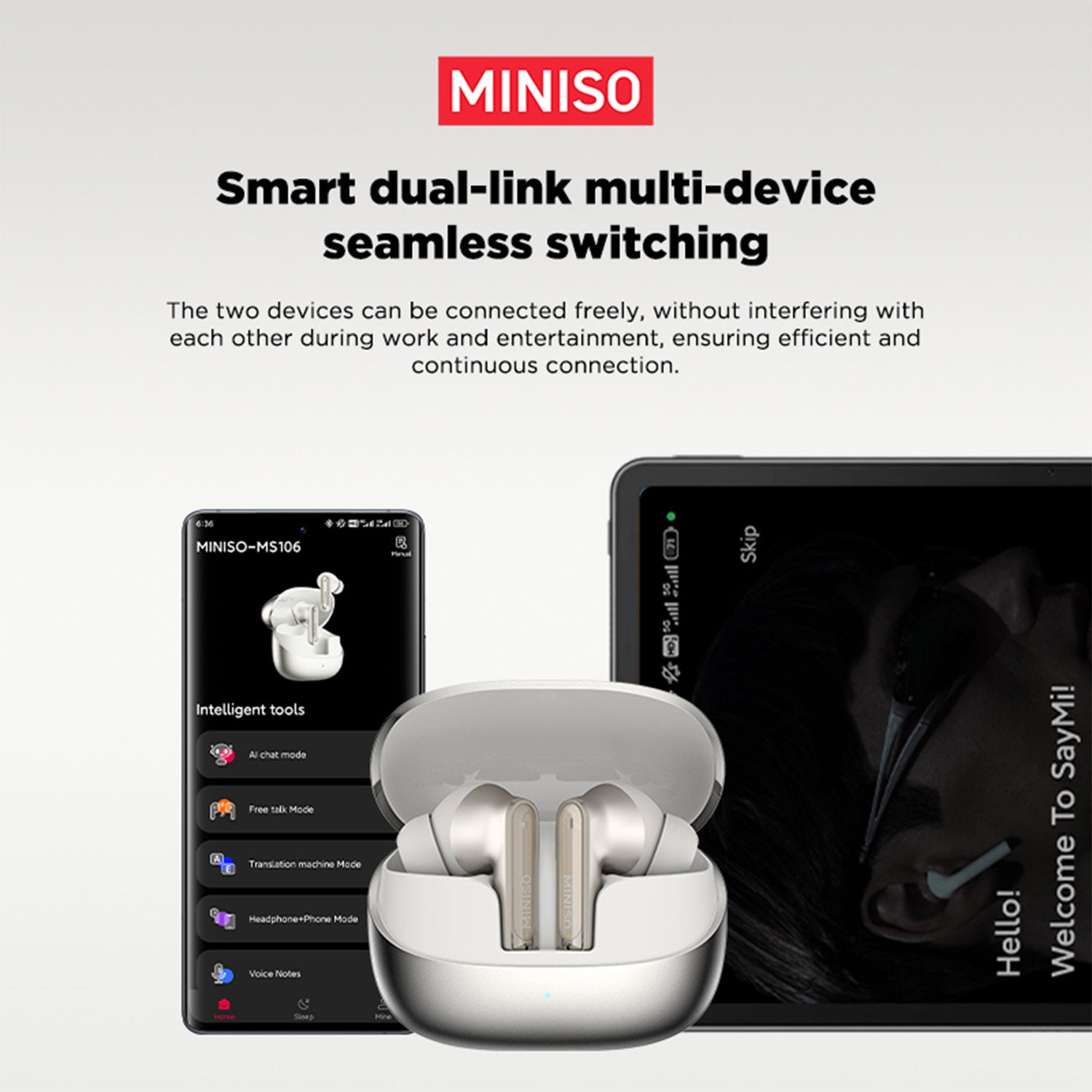 MINISO MS106 Multilingual Smart Translation Earbuds Support 134 Languages for Face-to-face Real-time Translation. Adaptive Noise Cancellation 3.0 Creates a New World of Silence, with 55 Hours of Powerful Battery Life and 10-minute Ultra-fast