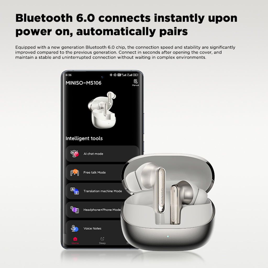 MINISO MS106 Multilingual Smart Translation Earbuds Support 134 Languages for Face-to-face Real-time Translation. Adaptive Noise Cancellation 3.0 Creates a New World of Silence, with 55 Hours of Powerful Battery Life and 10-minute Ultra-fast