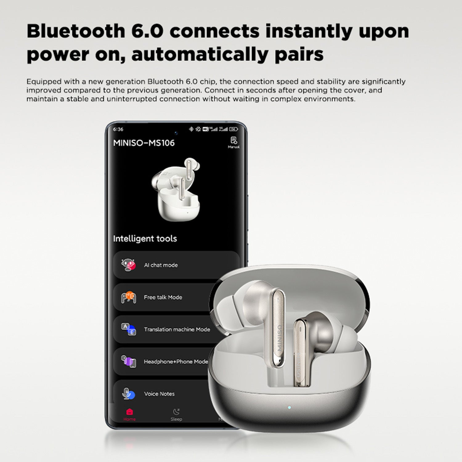 MINISO MS106 Multilingual Smart Translation Earbuds Support 134 Languages for Face-to-face Real-time Translation. Adaptive Noise Cancellation 3.0 Creates a New World of Silence, with 55 Hours of Powerful Battery Life and 10-minute Ultra-fast