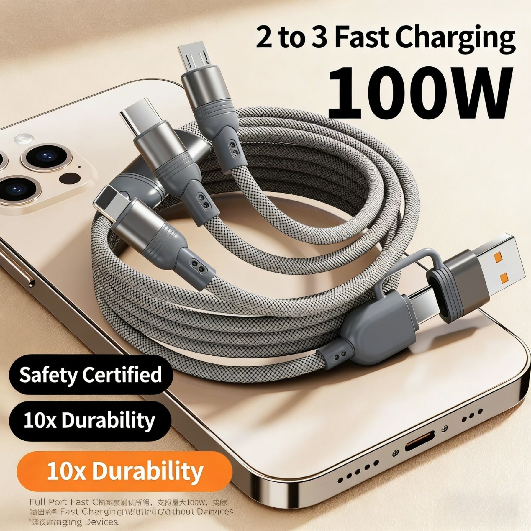 3 in 1 100W Super Fast Charging Cable Car Multi Charger Cord for Iphone Samsung Huawei Android Type C Devices