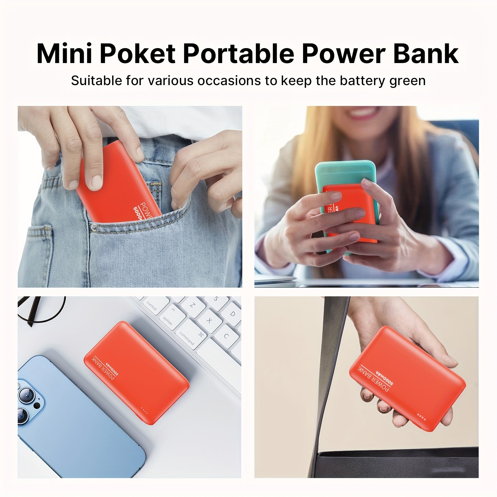 5000mAh Ultra-Thin Power Bank, Portable Charger with Dual USB Outputs & Type-C Cable, 5V2A Charging Backup for iPhone And for Samsung Android Phone, Outdoor Travel Emergency, Holiday Gifts (Lightweight & Compact)