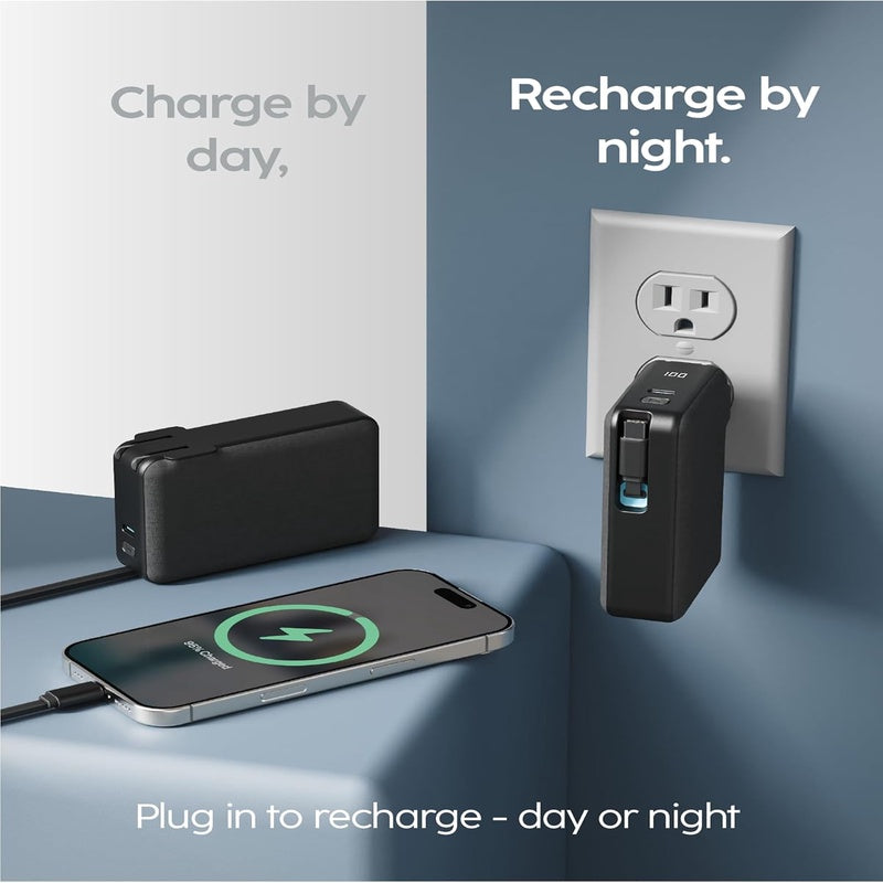 myCharge RetractaCharger 10000mAh Portable Charger Power Bank with 28 - Inch Retractable USB - C Cable Premium Fabric Built - in Wall Plug 30W PD Fast Charging USB - C A Ports Digital Display