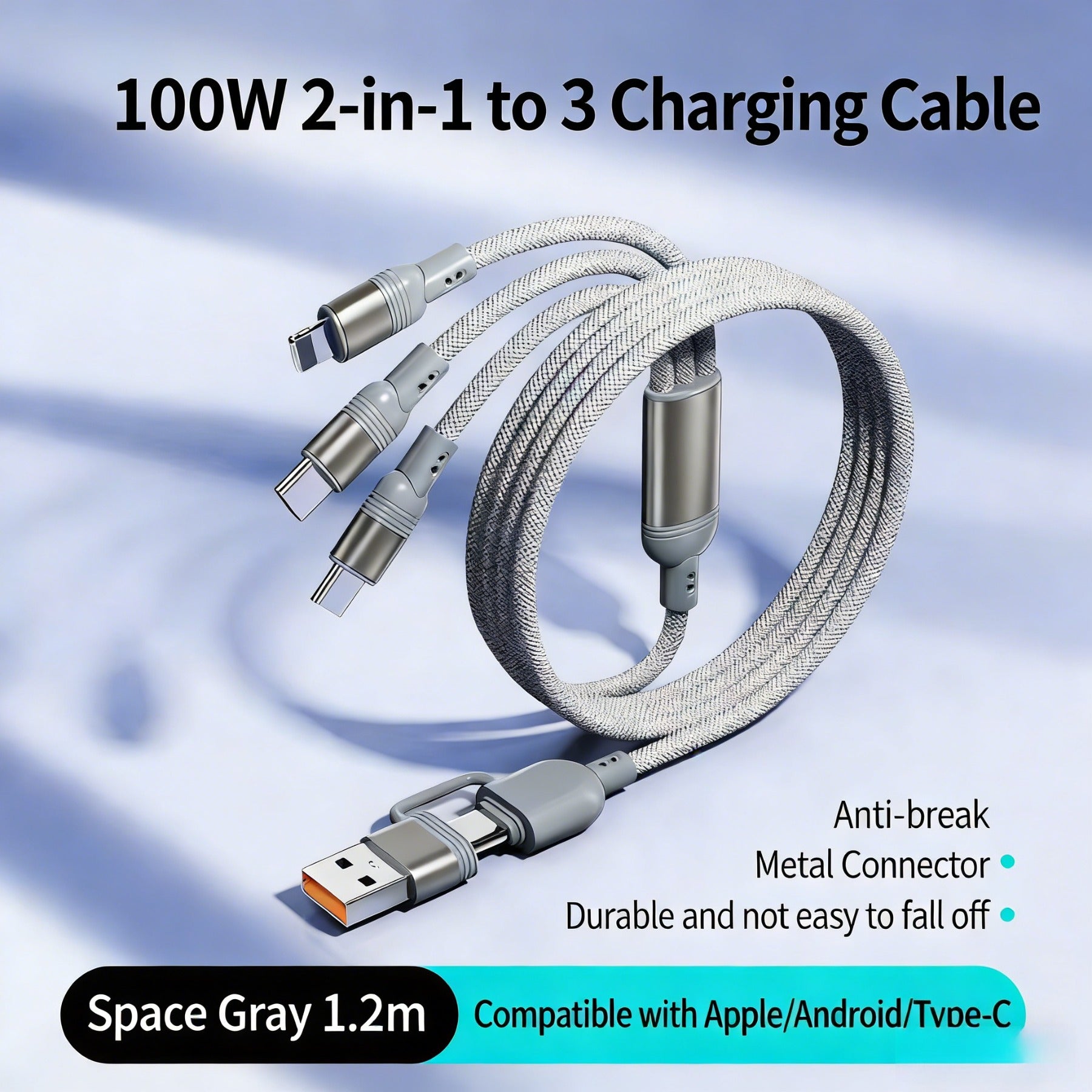 3 in 1 100W Super Fast Charging Cable Car Multi Charger Cord for Iphone Samsung Huawei Android Type C Devices