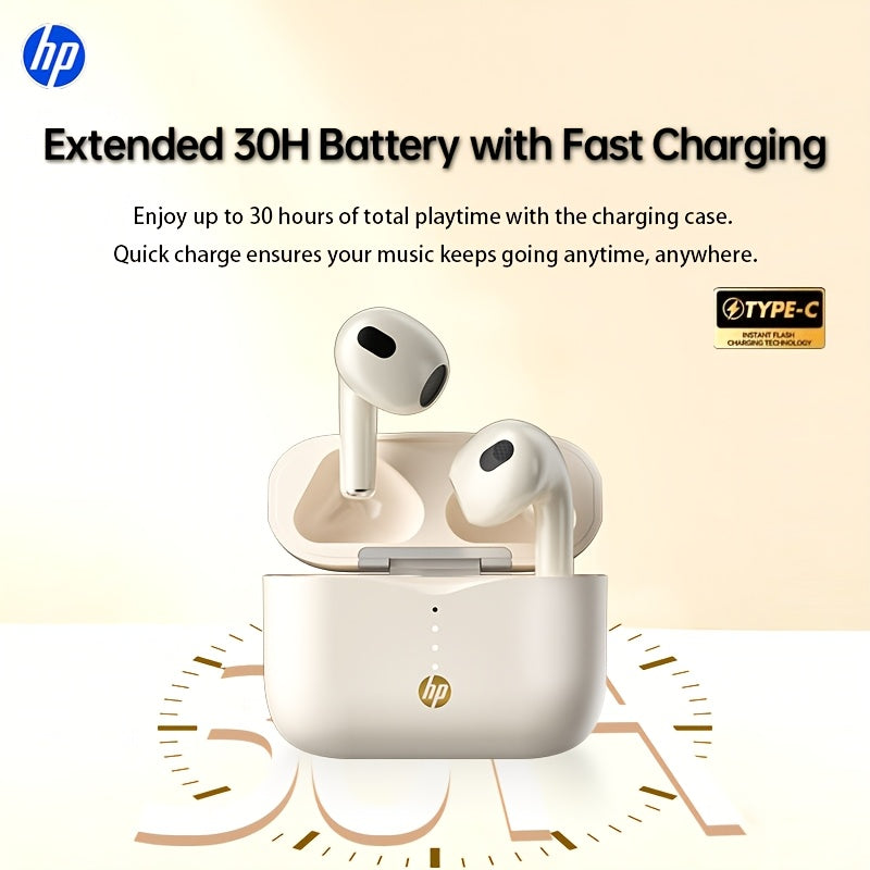 HP BT 5.4 Wireless Earbuds with Protective Case, TWS Headphones with Deep Bass Stereo Sound, 30H Playtime, Auto Pairing, ENC Noise Reduction Calls, Built-In Mic, Mini Lightweight Semi In-Ear Earbuds with Charging Case for Ios Android, Workout