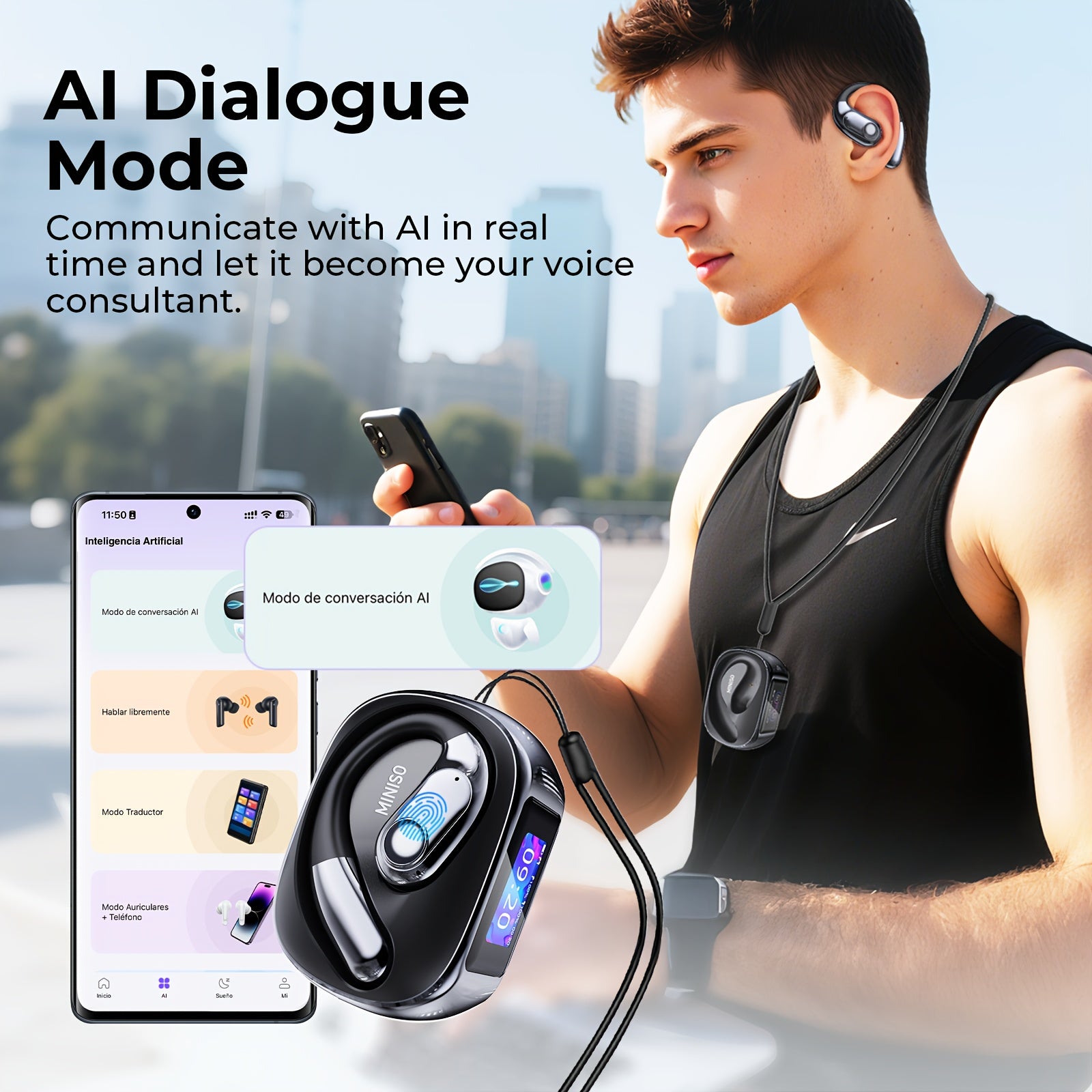 MINISO MS193 Trendy Two-Color Open Wireless Sports Earbuds, AI Language Translation Technology + Call Noise Reduction Function, High-Quality HIFI Sound Effect, Dual Host Design, Type-C Flash Charge, Lightweight And Comfortable to Wear
