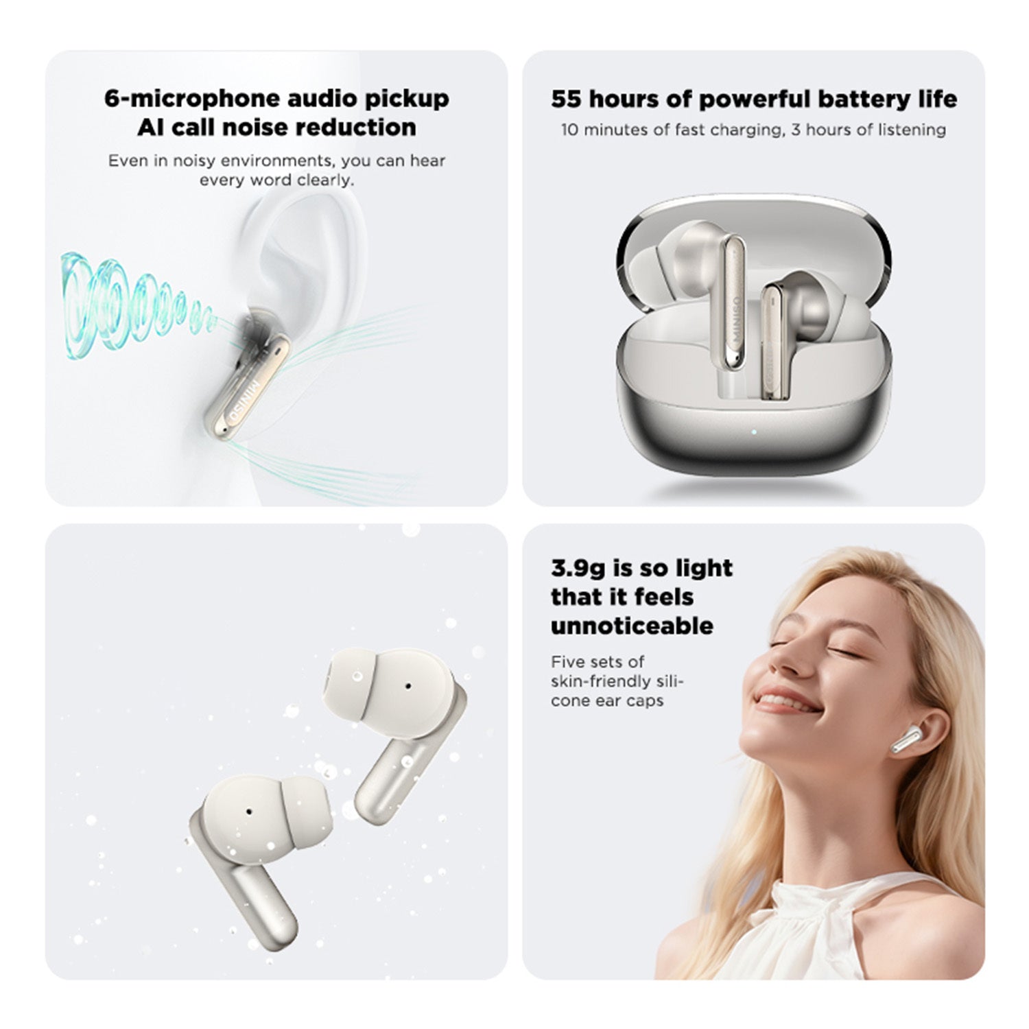 MINISO MS106 Multilingual Smart Translation Earbuds Support 134 Languages for Face-to-face Real-time Translation. Adaptive Noise Cancellation 3.0 Creates a New World of Silence, with 55 Hours of Powerful Battery Life and 10-minute Ultra-fast