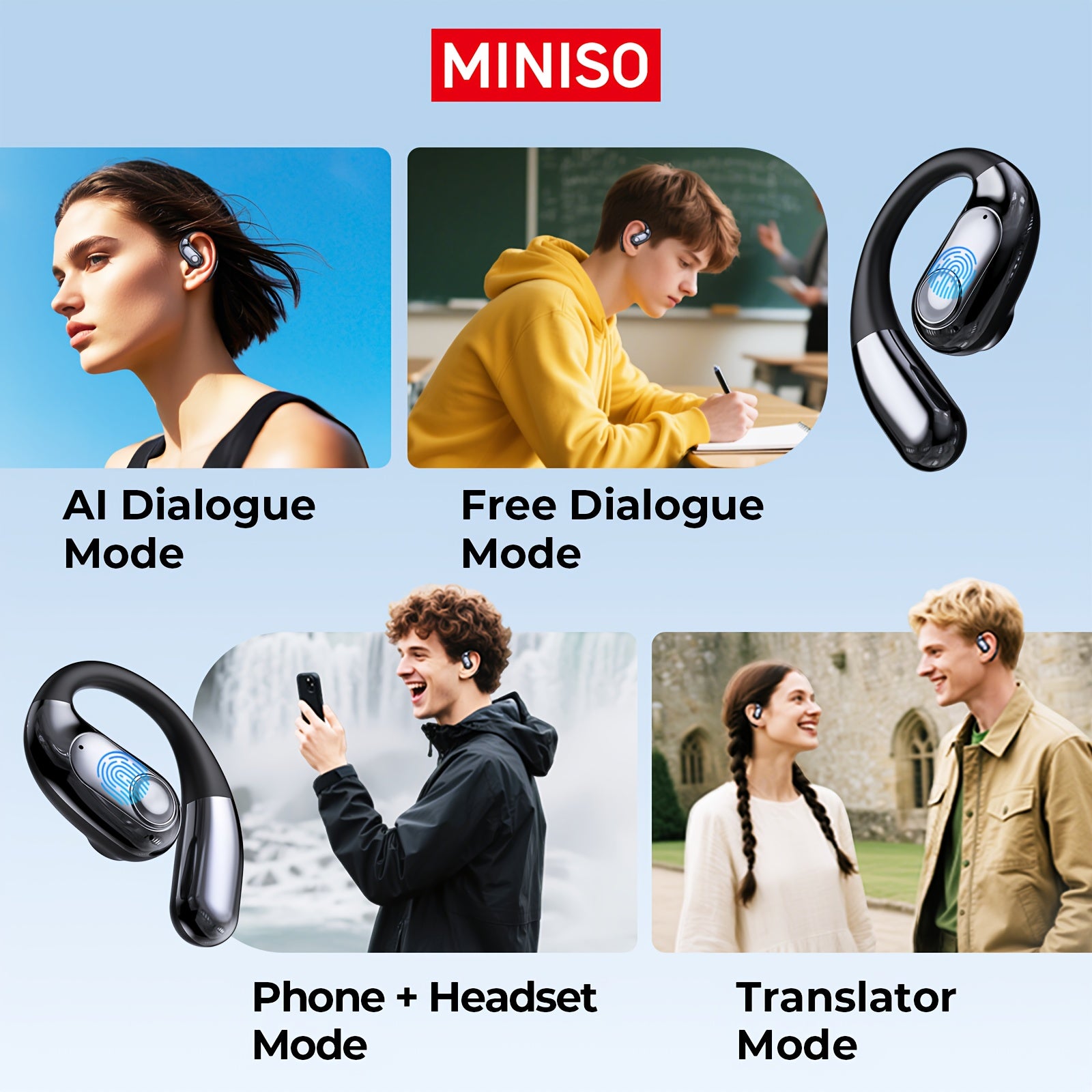 MINISO MS193 Trendy Two-Color Open Wireless Sports Earbuds, AI Language Translation Technology + Call Noise Reduction Function, High-Quality HIFI Sound Effect, Dual Host Design, Type-C Flash Charge, Lightweight And Comfortable to Wear