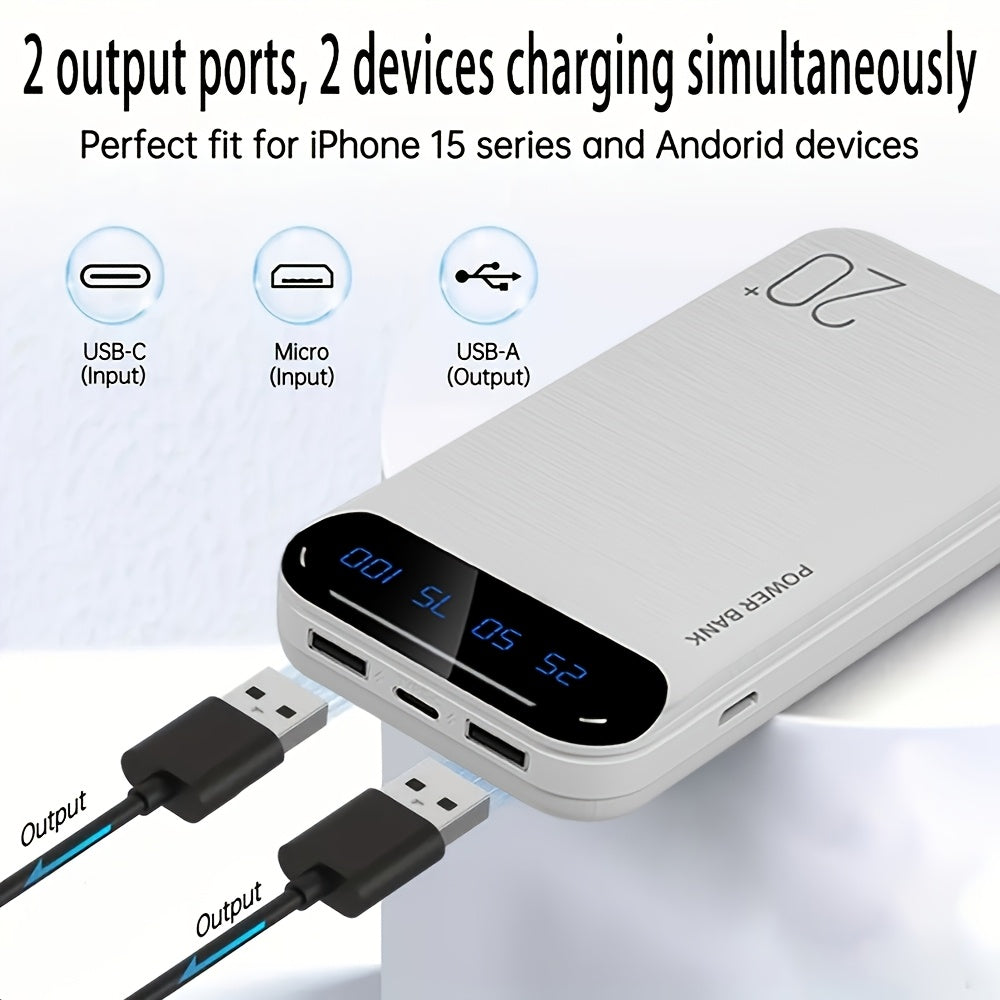 Large Capacity Portable Power Bank 20000mAh, 5V2.1A Portable USB Charger, LED and Digital Display Screen, Suitable for IOS\u002FAndroid Devices, 2xUSB Output, Type-C\u002FMicro Input, Safe and Stable Polymer Lithium Battery, Christmas Gift, New Year Gift