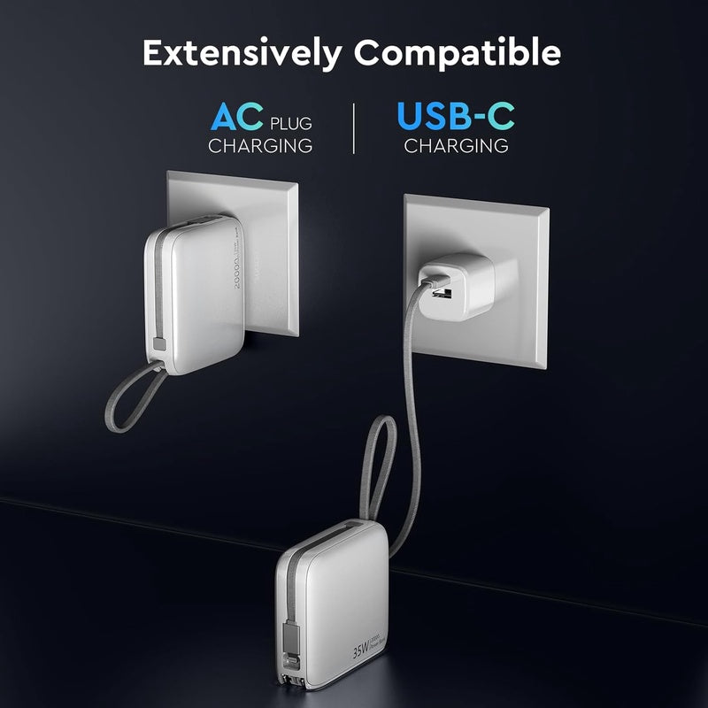 35W, 20000mAh Portable Charger with Wall Plug Phone Charger Battery Pack Portable Cell Phone Power Bank with Built in Cable Power Bank USB C, White